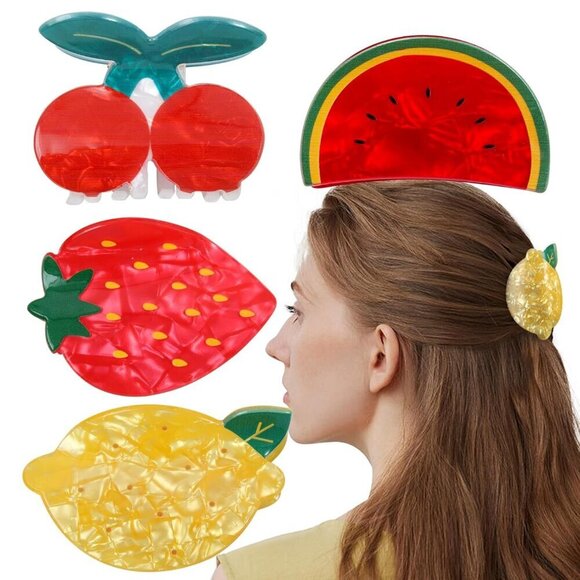 Fruit Claws Hair Clips Straw, Lemon, Cherry, Watermelon Summer Accessories